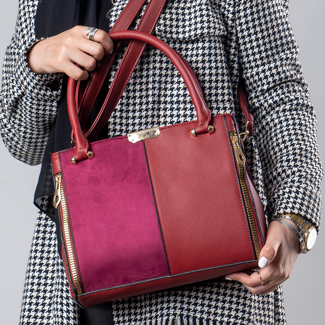 Plain Leather × Suede Rectangular Cross-Body Bag - MAROON