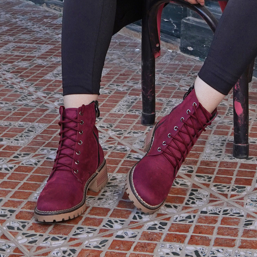 Suede Lace up Half Boots With Zipper - Maroon