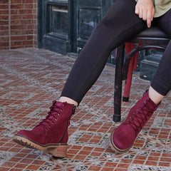 Suede Lace up Half Boots With Zipper - Maroon