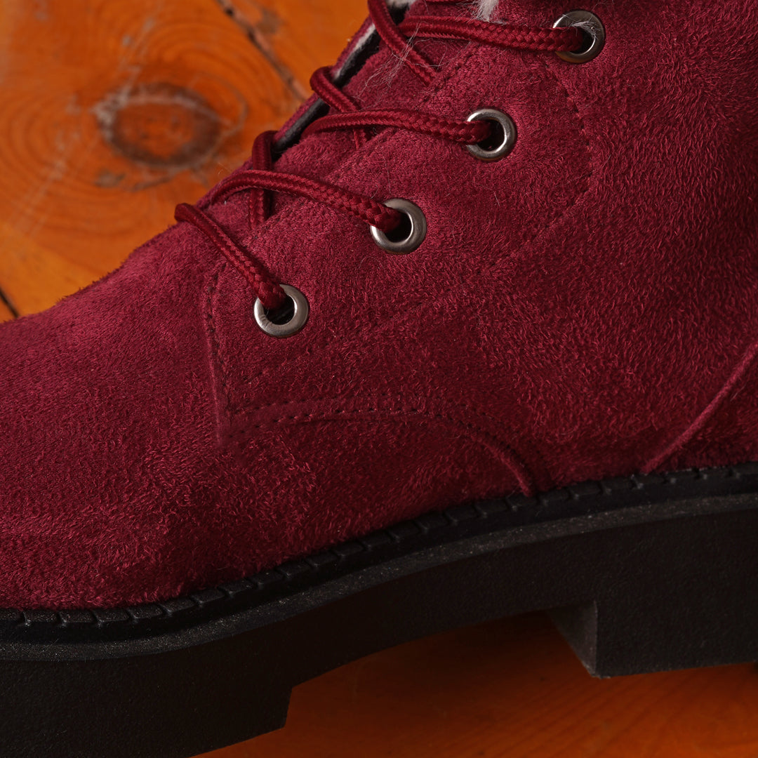 Fur Lined Suede Lace Up Boots - maroon