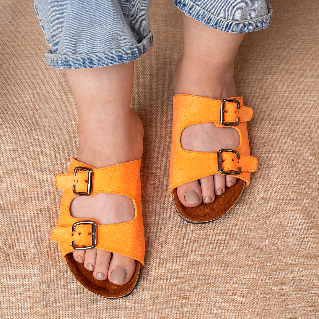 Miami | Double Buckle Suede Slides - Orange