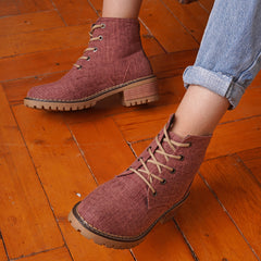Low Heel Suede Lace Up Boots - Maroon