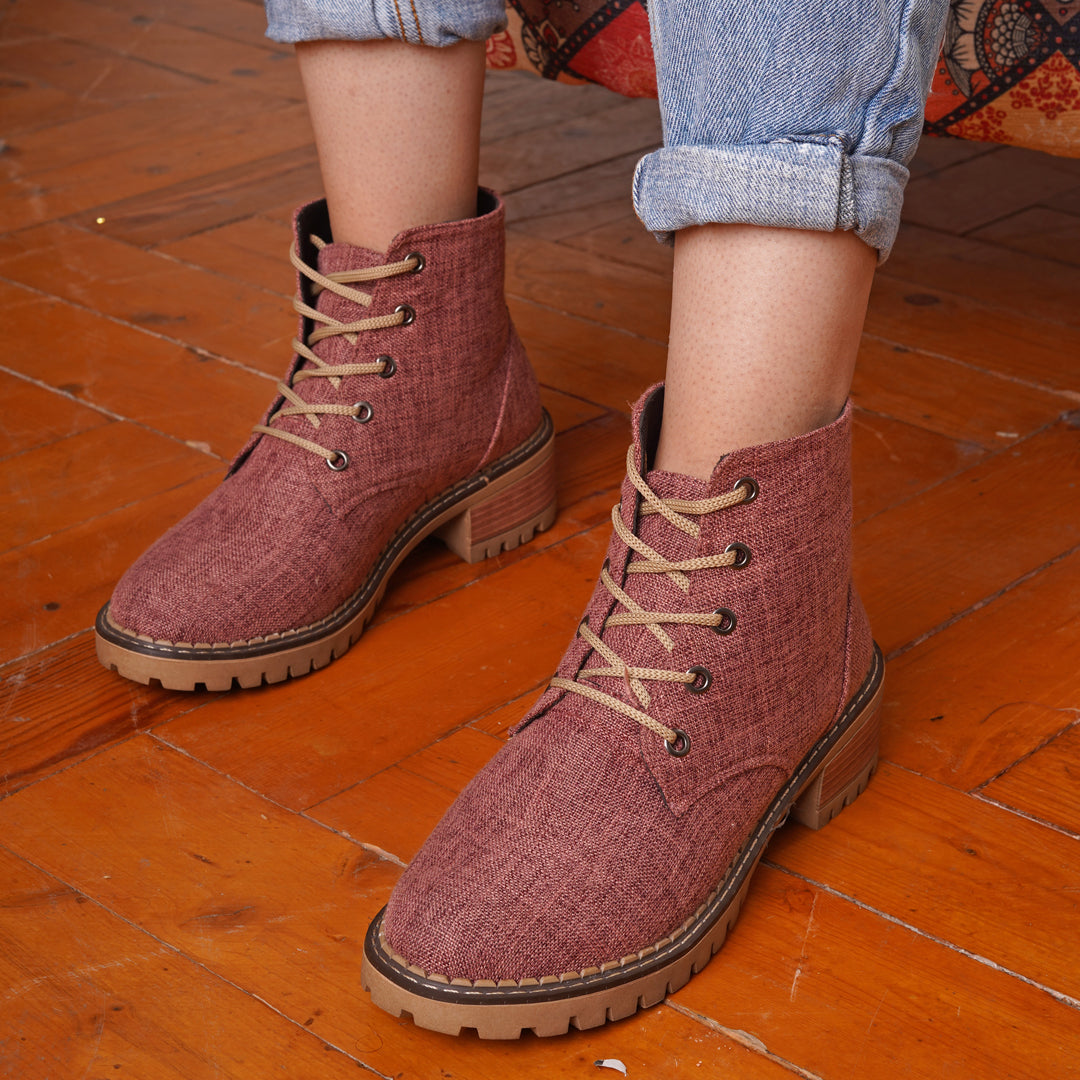 Low Heel Suede Lace Up Boots - Maroon