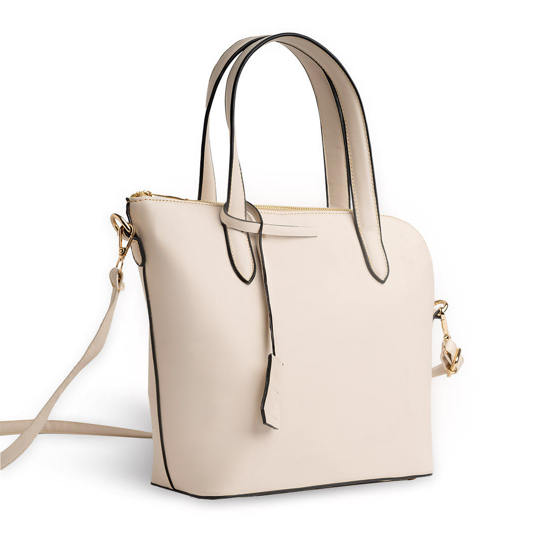 Plain Leather Box Shaped Bottom Tote Bag - BEIGE