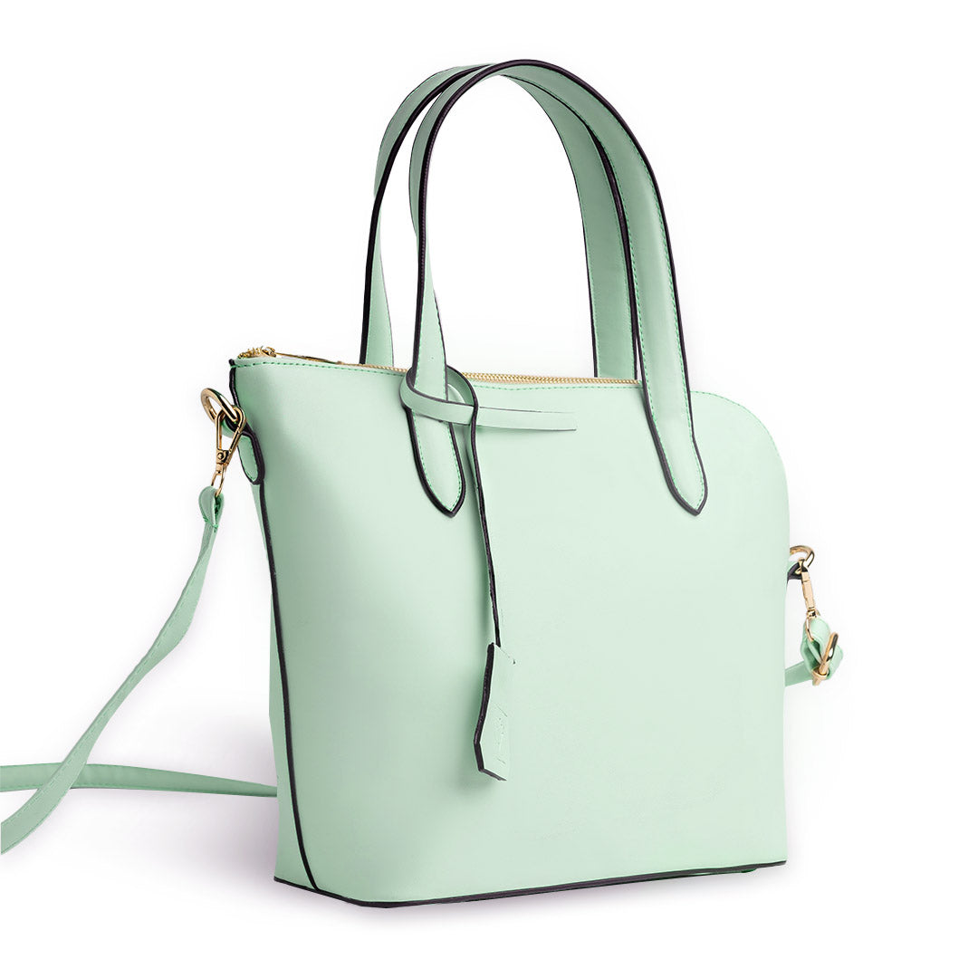 Plain Leather Box Shaped Bottom Tote Bag - GREEN