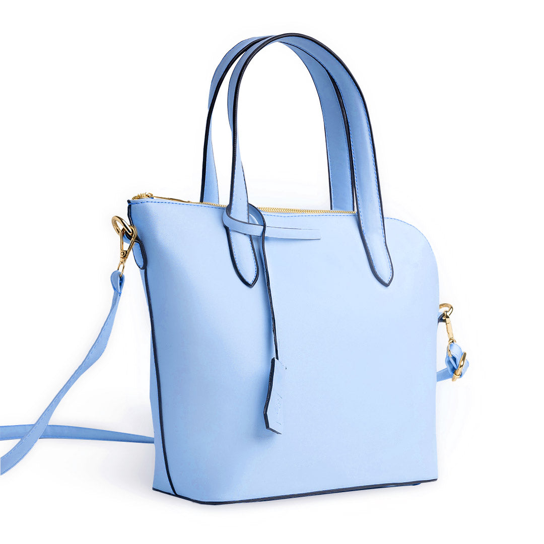 Plain Leather Box Shaped Bottom Tote Bag - BLUE