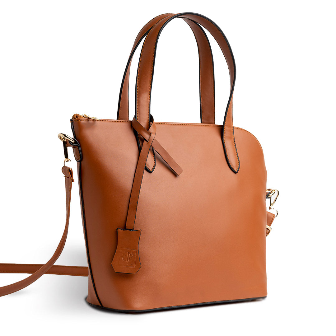 Plain Leather Box Shaped Bottom Tote Bag - CAMEL