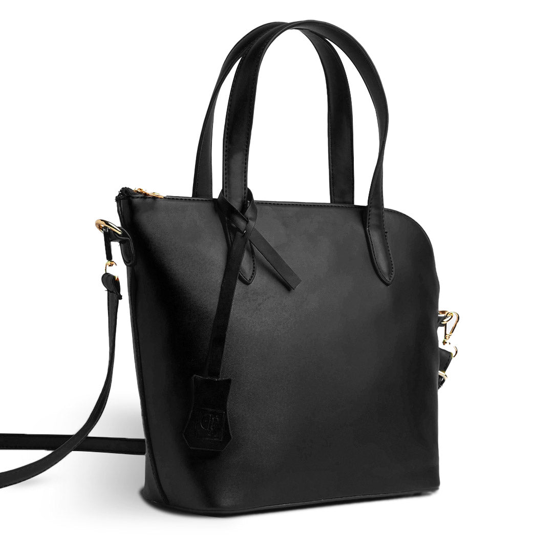 Plain Leather Box Shaped Bottom Tote Bag - BLACK