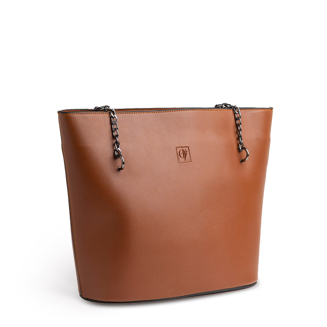 Plain Leather Tote Bag With Black Chain - CAMEL