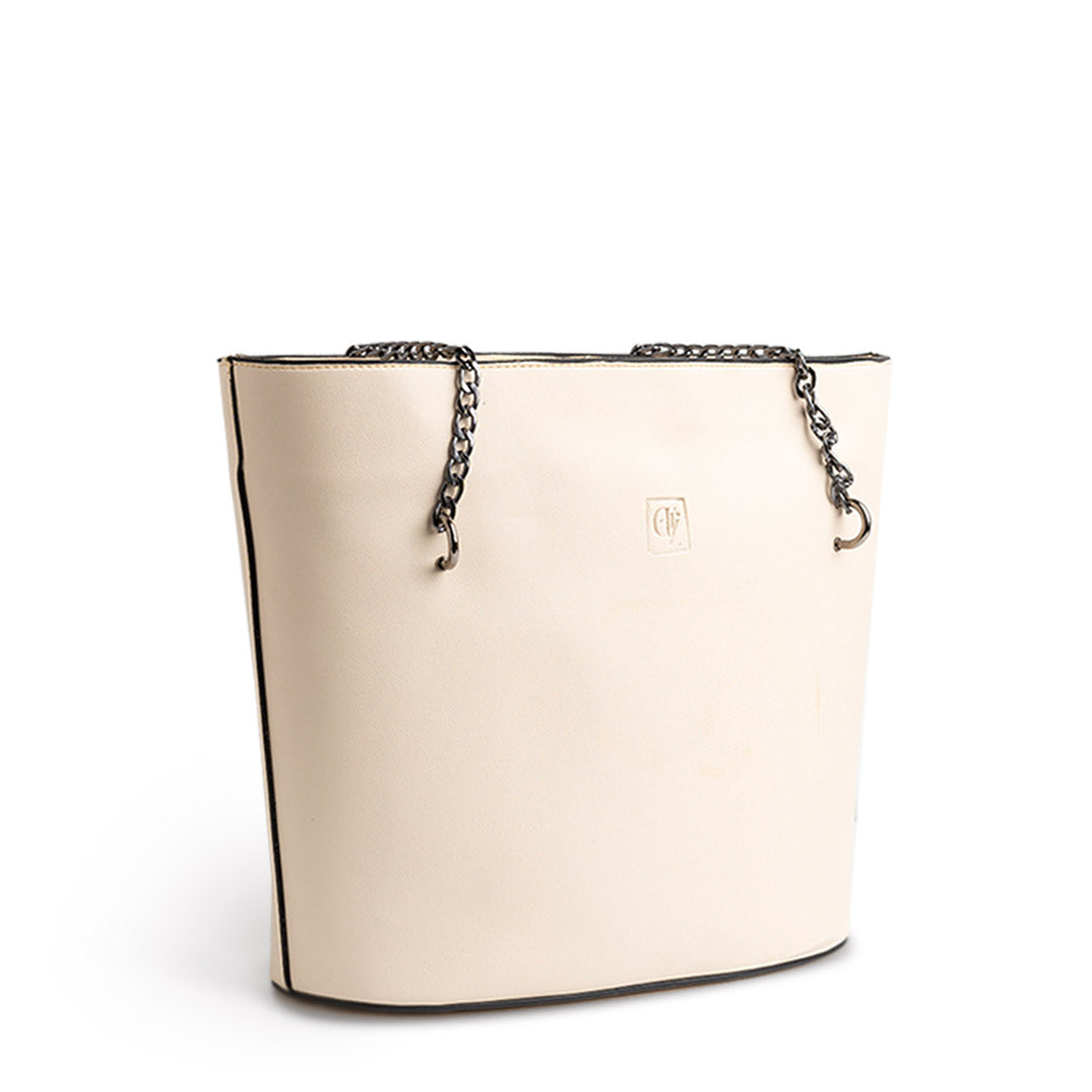 Plain Leather Tote Bag With Black Chain - BEIGE