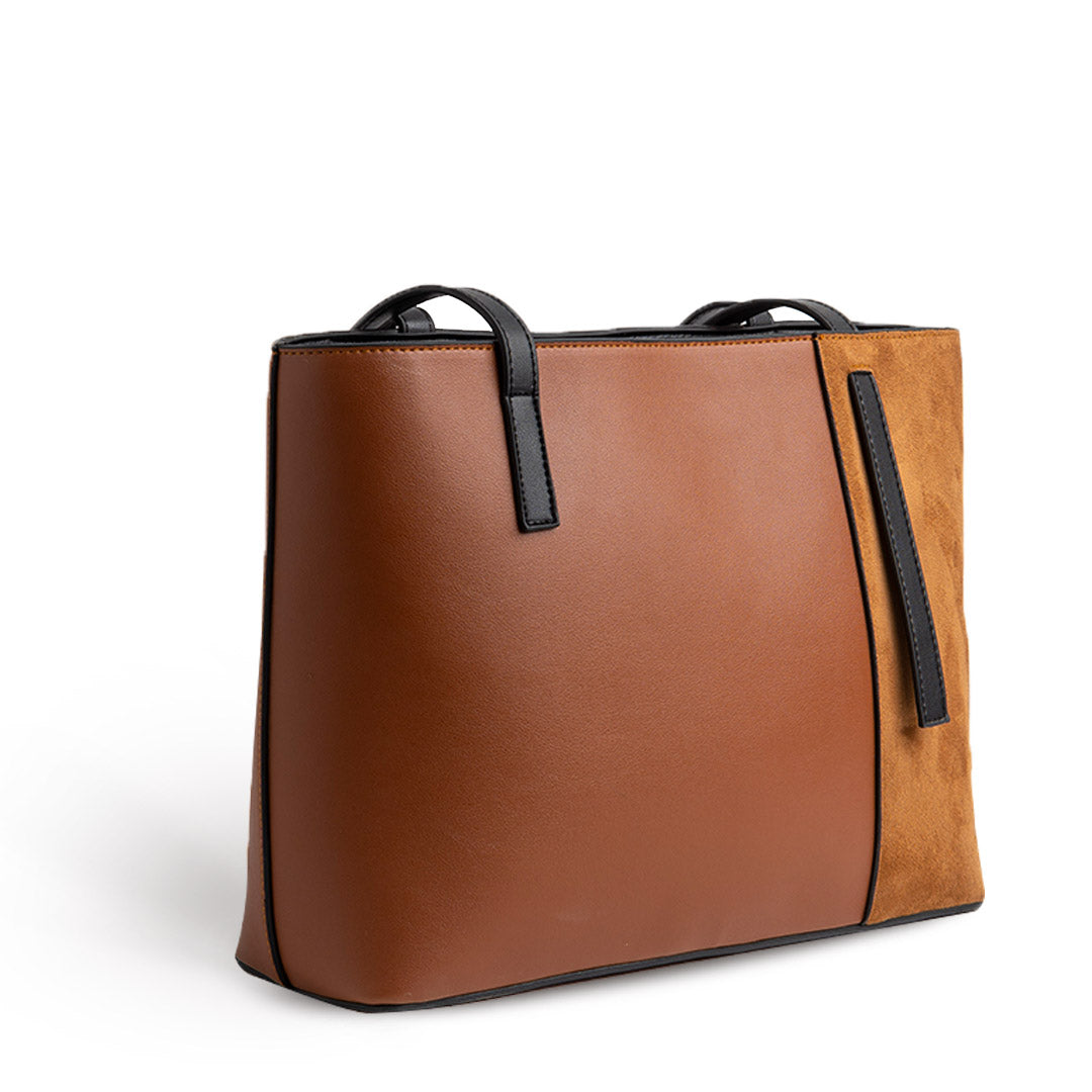 Plain Leather × Suede Rectangular Tote Bag - CAMEL