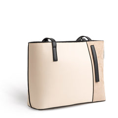Plain Leather × Suede Rectangular Tote Bag - BEIGE