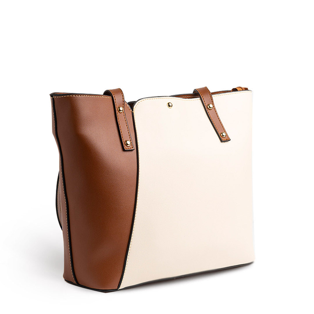 Double Split Layer Plain Leather Tote Bag - CAMEL X BEIGE