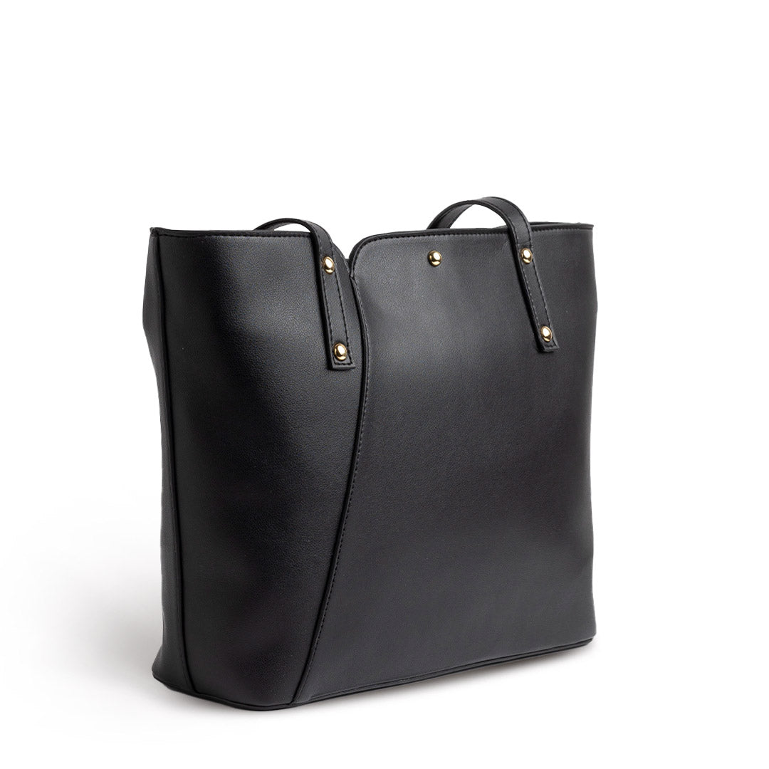 Double Split Layer Plain Leather Tote Bag - BLACK