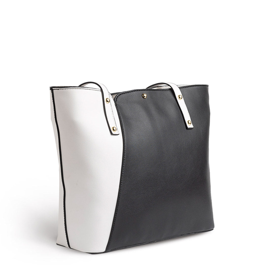 Double Split Layer Plain Leather Tote Bag - BLACK X WHITE