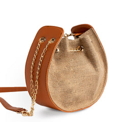 Burlap × Plain Leather Rounded Cross Bag - CAMEL