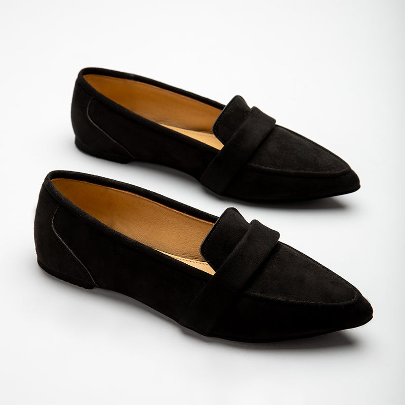 Full Suede Strap Pointy Toe Flats - Black