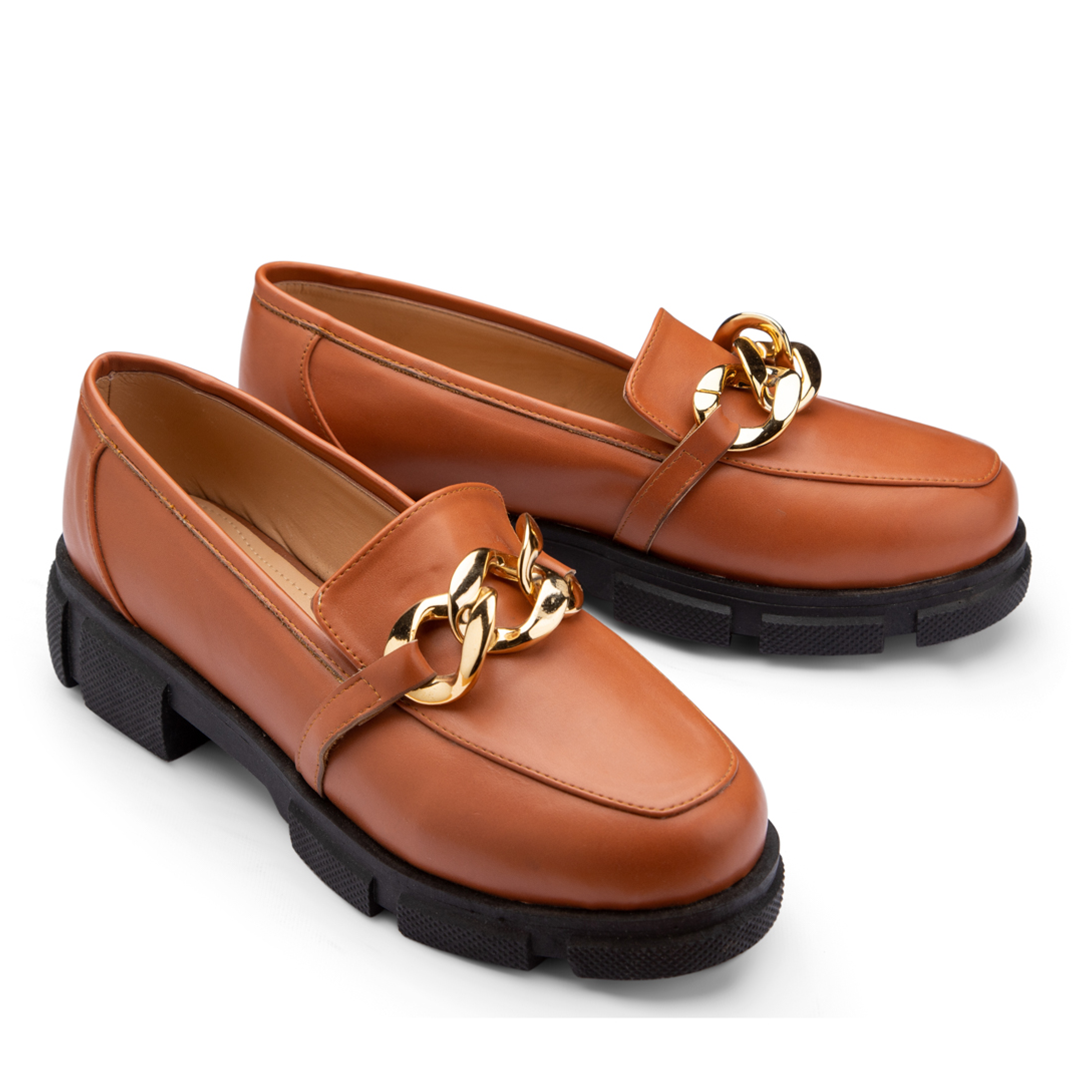 Plain Leather With Chain Moc Toe Platform Loafers - Camel