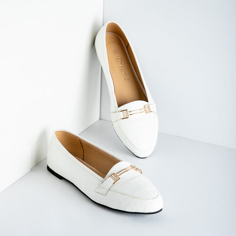 Croco Like Leather Rounded Toe Flats - White