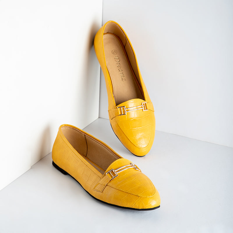 Croco Like Leather Rounded Toe Flats - Yellow