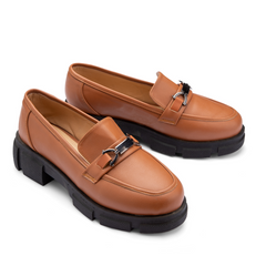 Plain Leather Moc Toe Platform Loafers - Camel