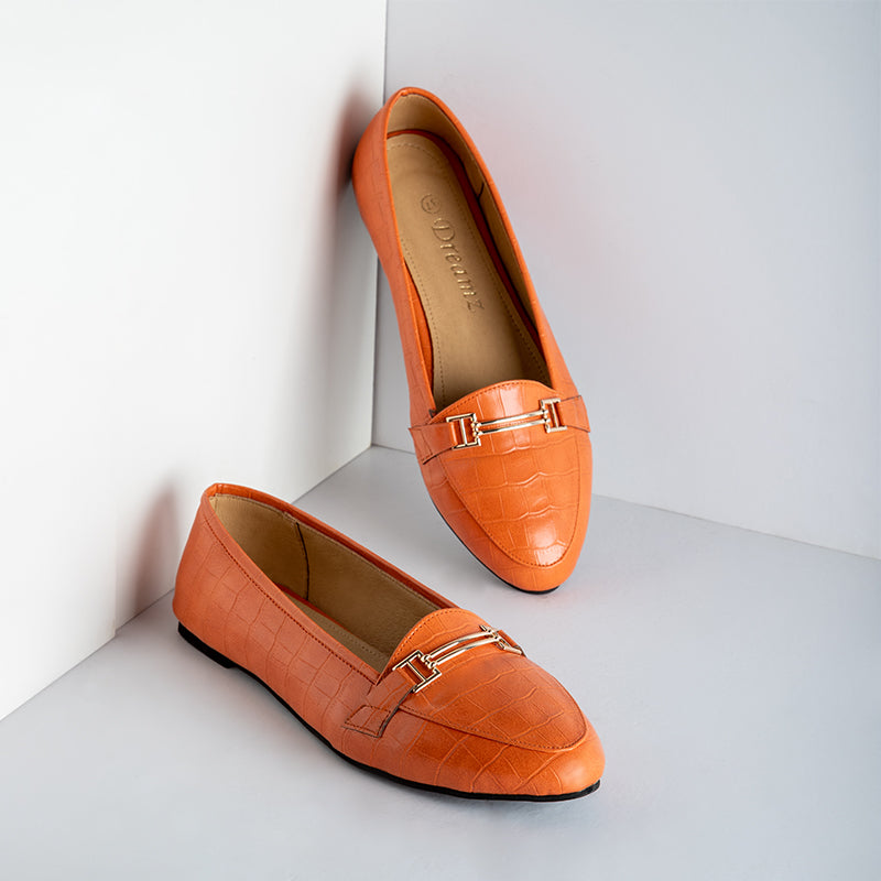 Croco Like Leather Rounded Toe Flats - Orange