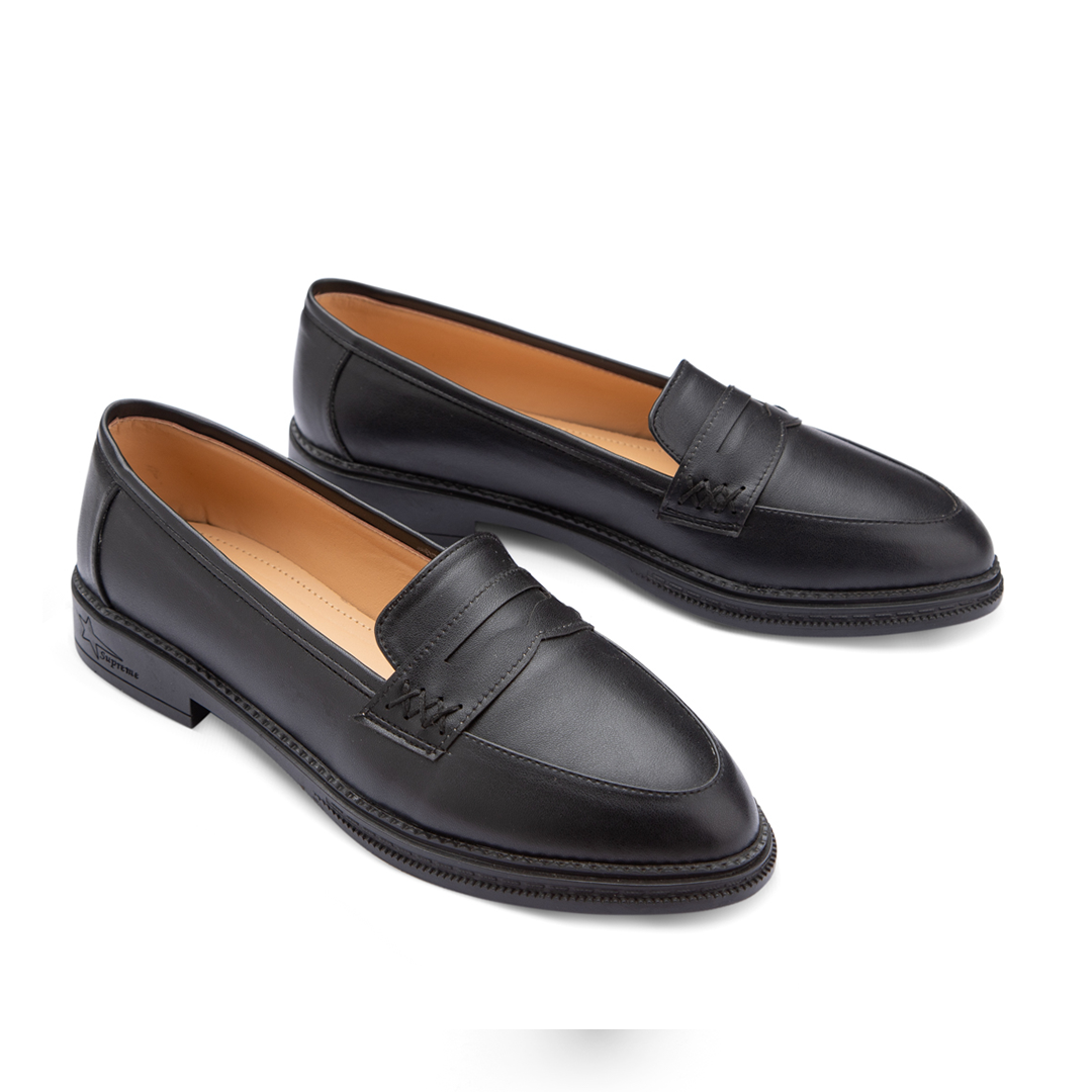 Side Stitched Women Leather Moc Toe Flats With Low Heel -  Black