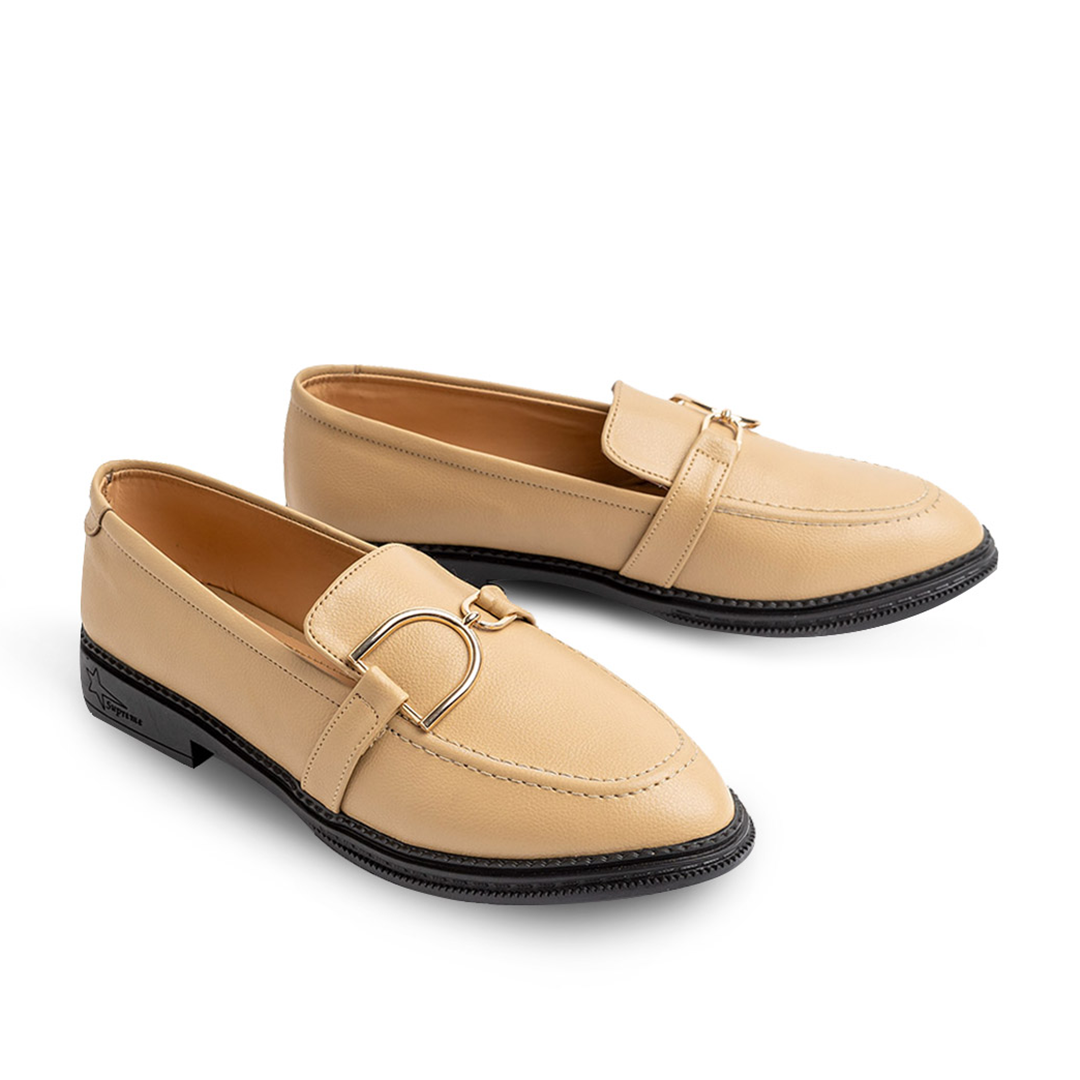 Plain Leather Women Moc Toe Flats With Low Heel - Beige