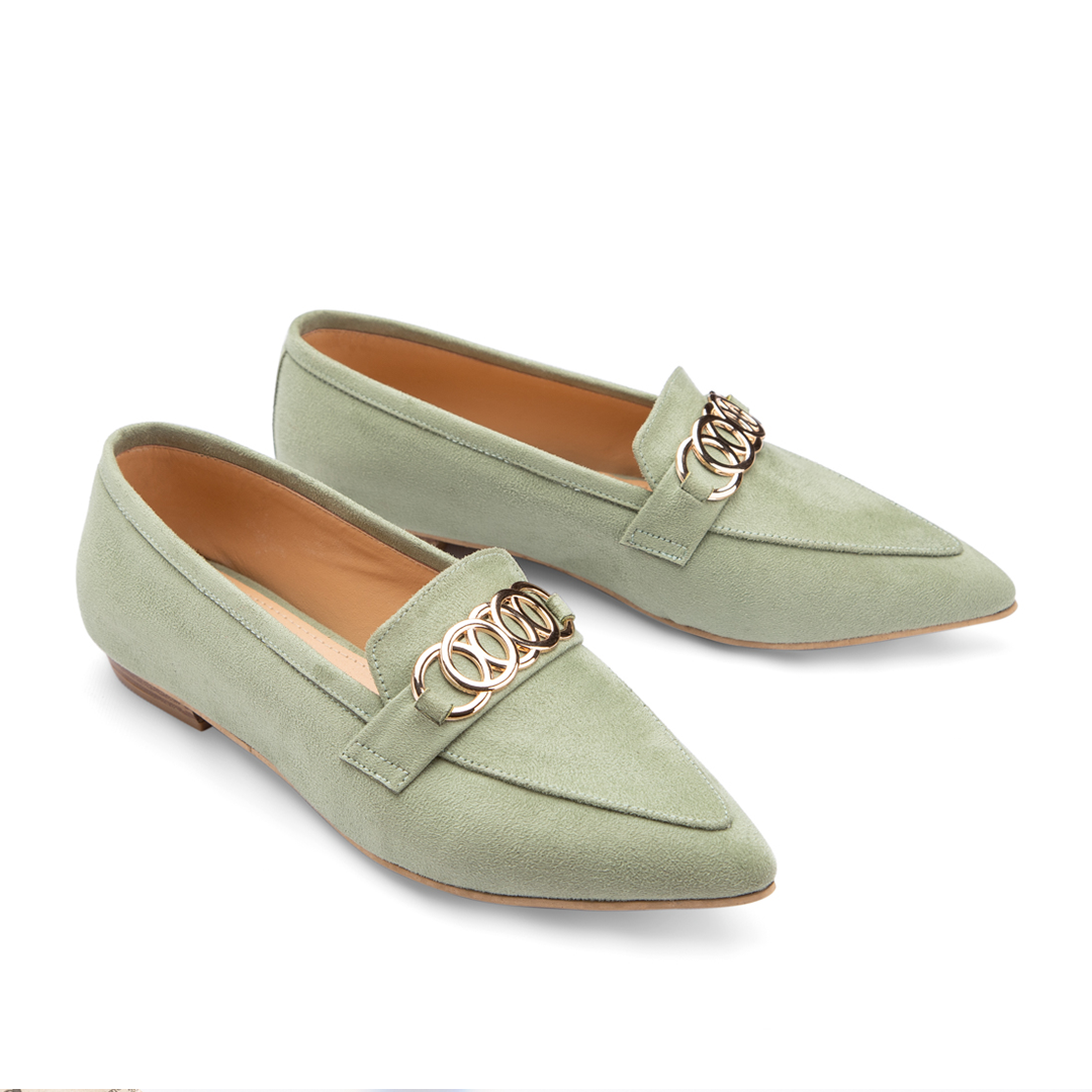 Plain Suede Women Pointy Toe Flats With Short Heel -  Green