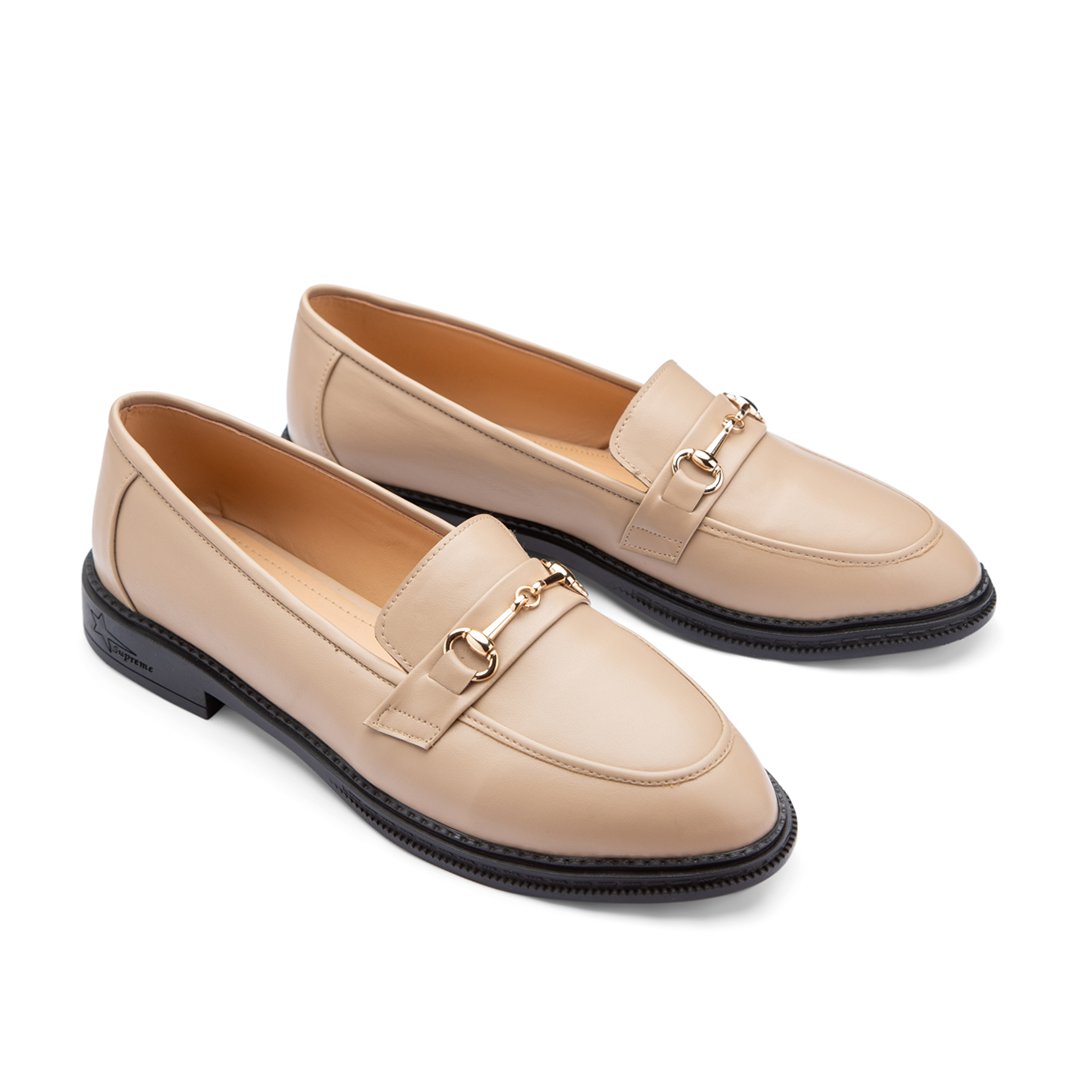 Plain Leather Women  Pointy Moc Toe Flats With Low Heel - Beige