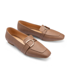 Plain Leather Women Square Toe Flats With Low Heel - Cafe