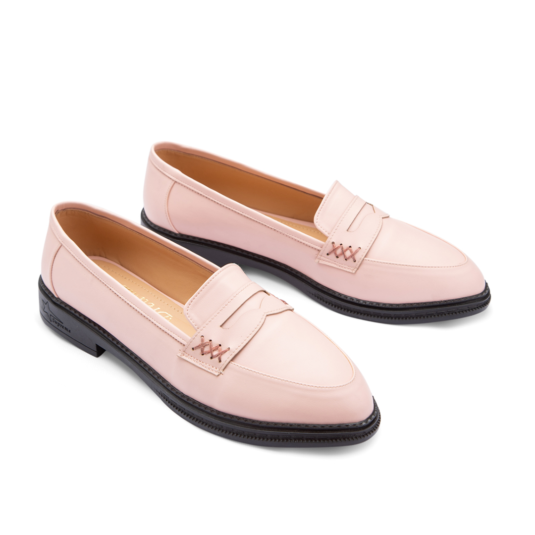 Side Stitched Women Leather Moc Toe Flats With Low Heel -  Pink