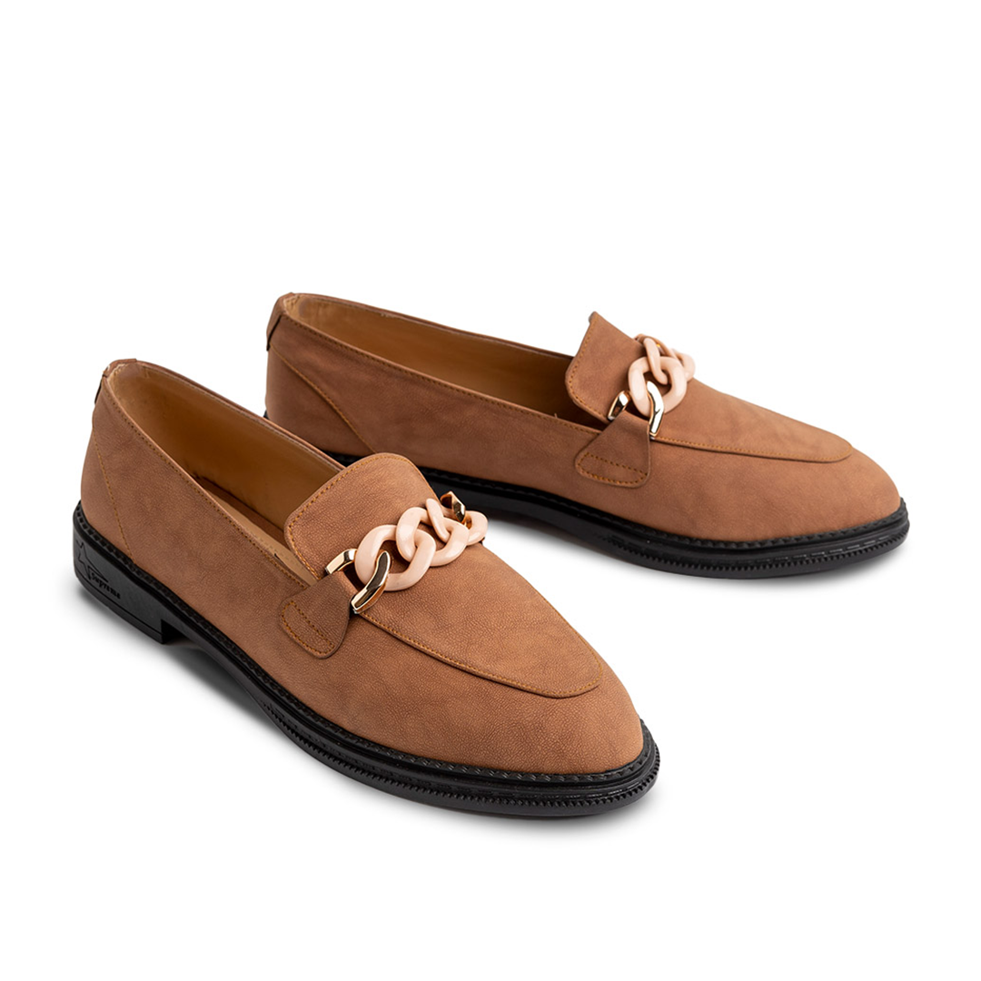 SuedeLike Leather Women Moc Toe Flats With Low Heel - Camel