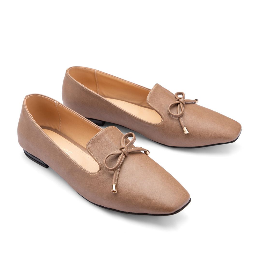 Plain Bow Tie Women Square Toe Flats With Low Heel - Cafe