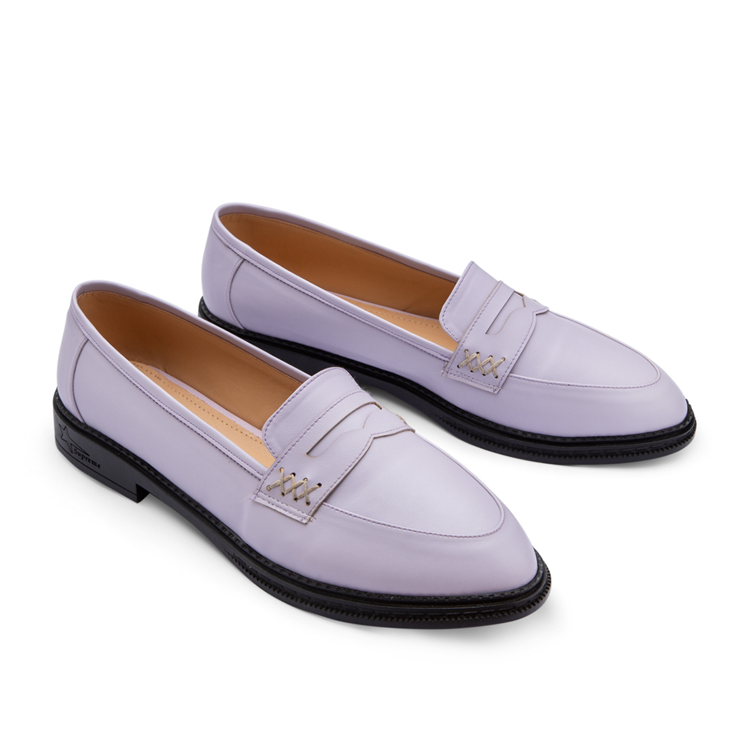 Side Stitched Women Leather Moc Toe Flats With Low Heel -  Purple