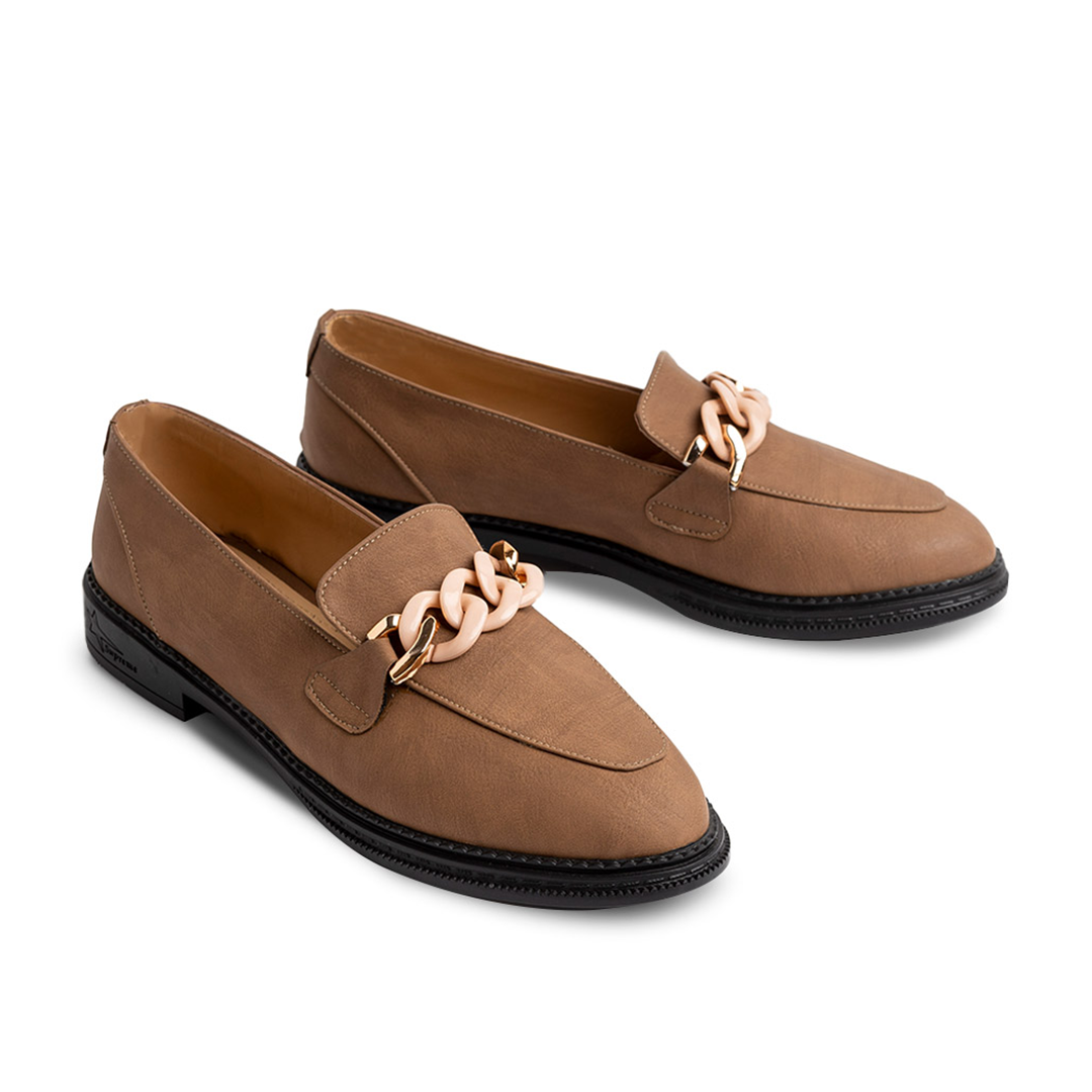 SuedeLike Leather Women Moc Toe Flats With Low Heel - Cafe