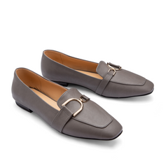 Plain Leather Women Square Toe Flats With Low Heel - Gray