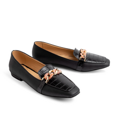 Plain × Croco Leather Women Pointy Moc Toe Flats With Low Heel - Black