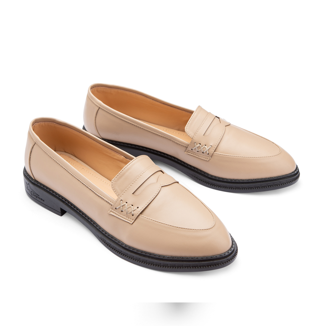 Side Stitched Women Leather Moc Toe Flats With Low Heel -  Beige