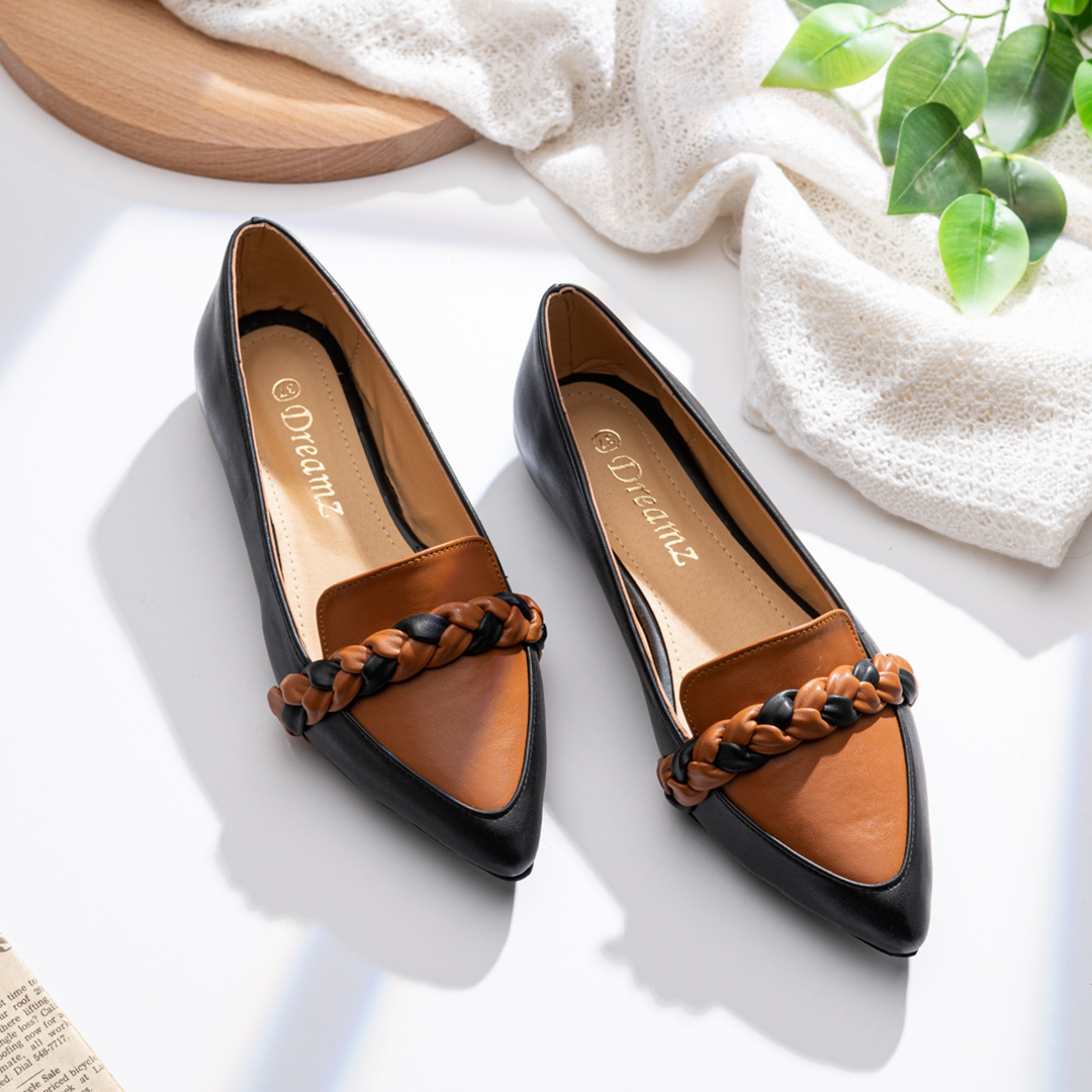 Double Color Plain Leather Women Braided Pointy Toe Flats - Camel