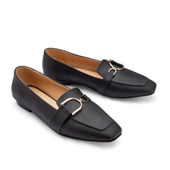 Plain Leather Women Square Toe Flats With Low Heel - Black