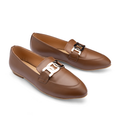 Plain Leather Women Pointy Moc Toe Flats With Low Heel & Golden Chain - Cafe