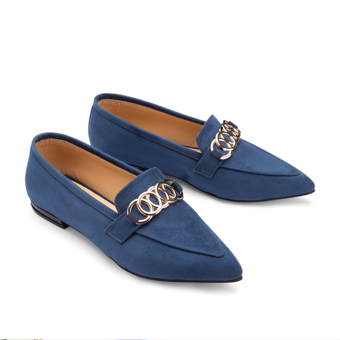 Plain Suede Women Pointy Toe Flats With Short Heel -  Blue