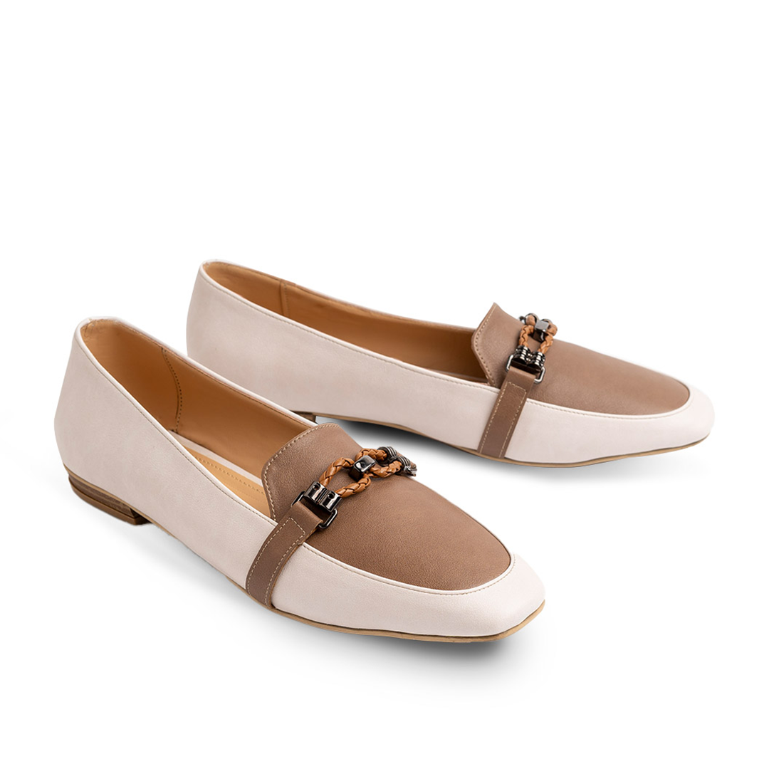 Double Layer Leather Women Pointy Moc Toe Flats With Low Heel - Beige