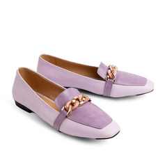 Plain × Croco Leather Women Pointy Moc Toe Flats With Low Heel - Purple