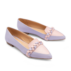 Double Color Plain Leather Women Braided Pointy Toe Flats - Purple