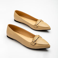 Plain Leather Flats With Accessory - Beige