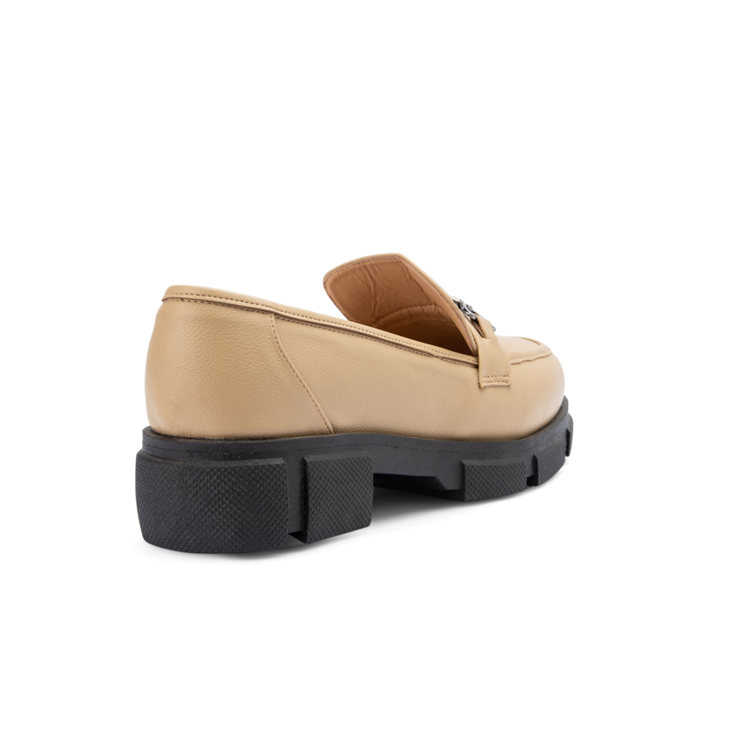 Plain Leather Moc Toe Platform Loafers - Beige