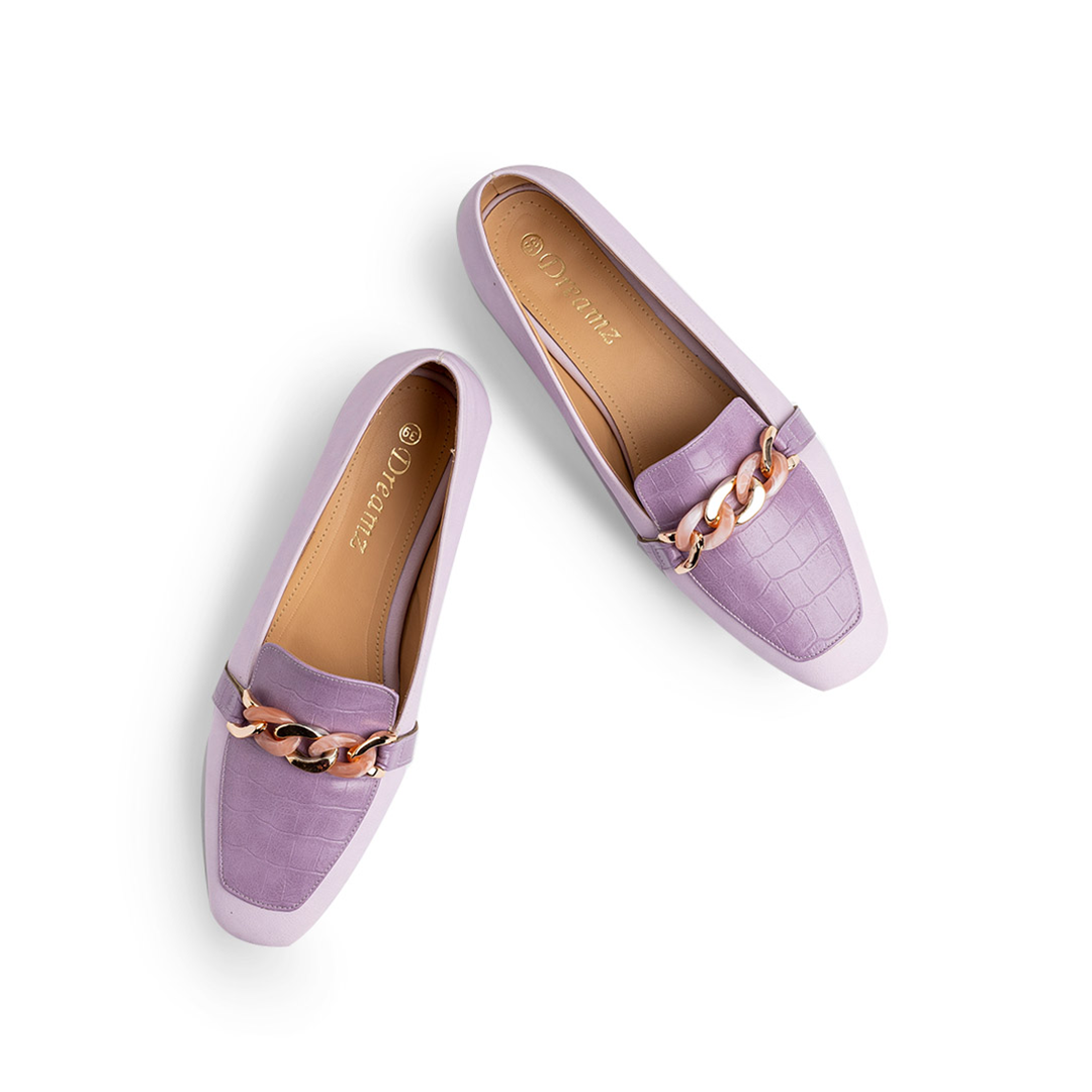 Plain × Croco Leather Women Pointy Moc Toe Flats With Low Heel - Purple