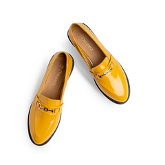 Verne Leather Women Pointy Moc Toe Flats With Low Heel - Yellow